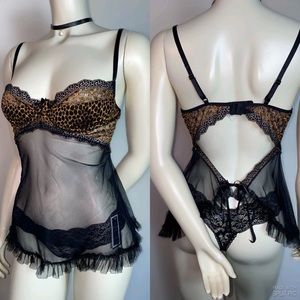 BLACK BABYDOLL| LEOPARD  MESH RUFFLE TIE RIBBON | SHIRLEY OF HOLLYWOOD 36B